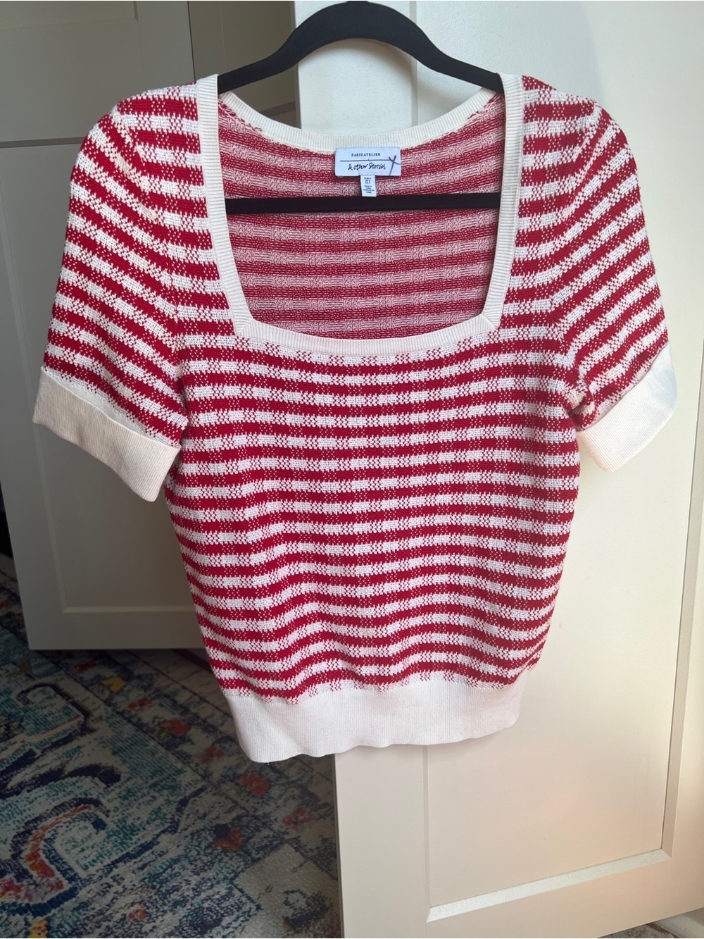 & Other Stories Paris Atelier Red and White Striped Square Neck Knit Top Size S